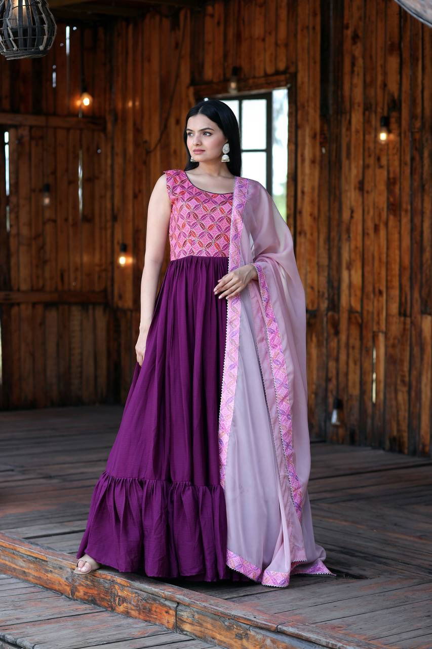  KA-1049 Chinnon Designer Readymade Gowm-Dupatta Catalog